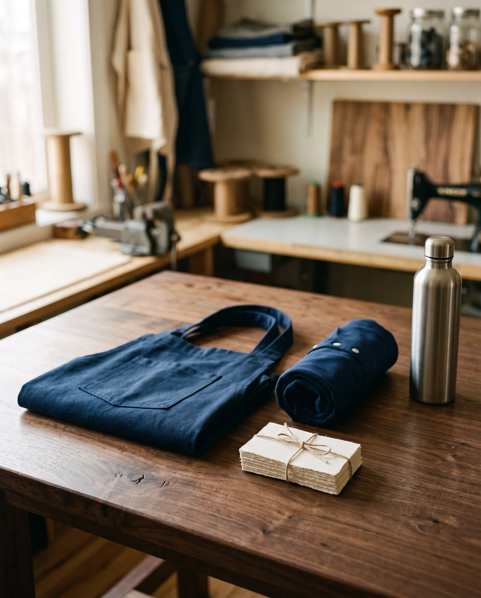 Arbeitsschürze, Poloshirt, Visitenkarten und Trinkflasche auf einem Schreibtisch