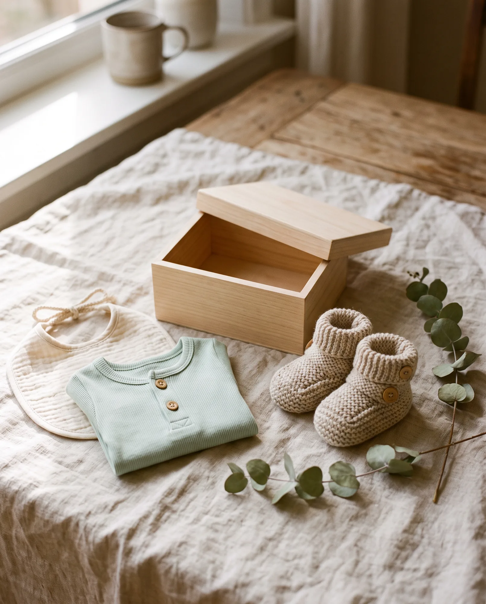 Babybody, Lätzchen und Holzkiste als Geschenkset