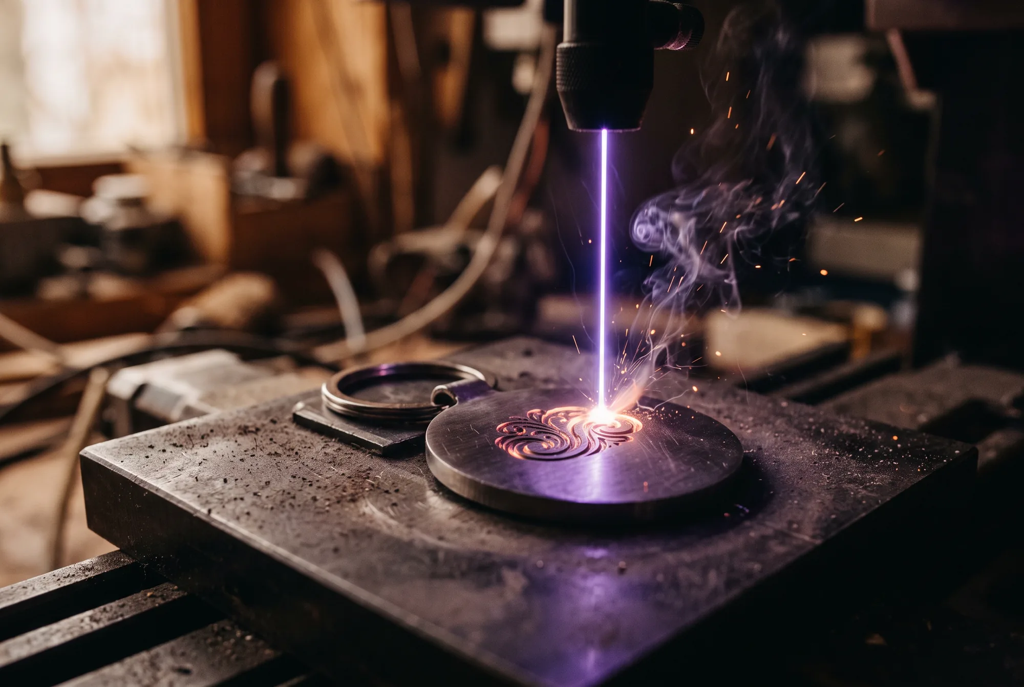 Laserstrahl graviert einen Schlüsselanhänger aus Metall