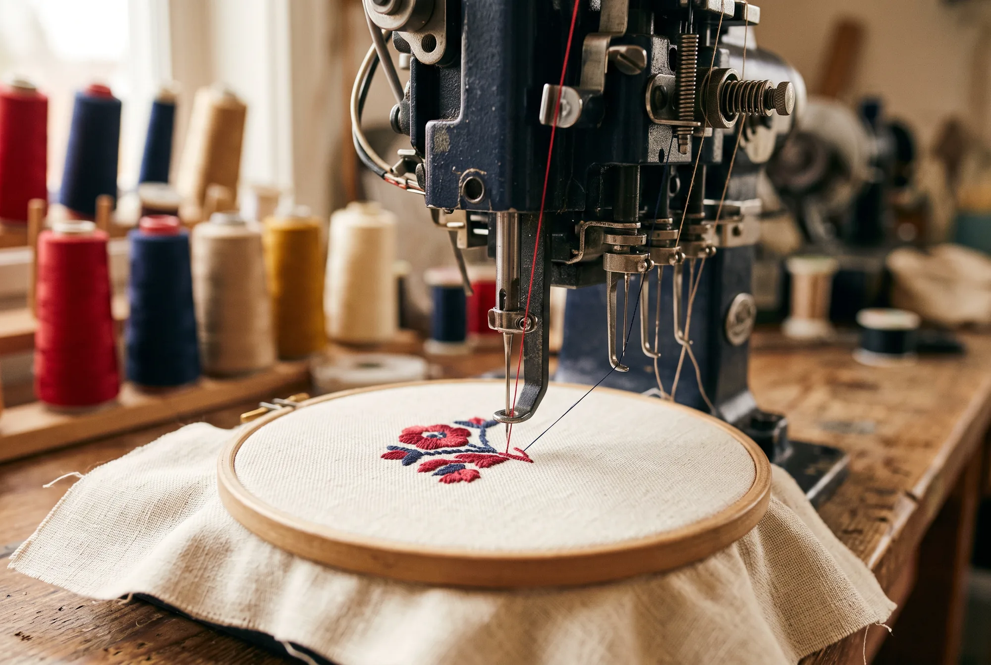 Stickmaschine sticht farbiges Garn in einen gespannten Stoff