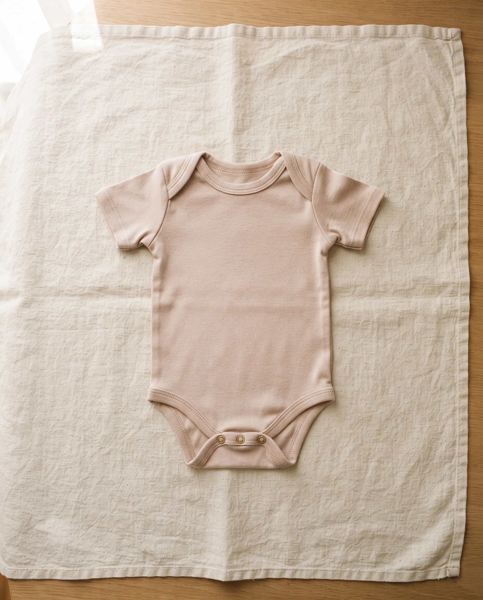 Rosafarbener Babybody flach auf Leinen ausgelegt