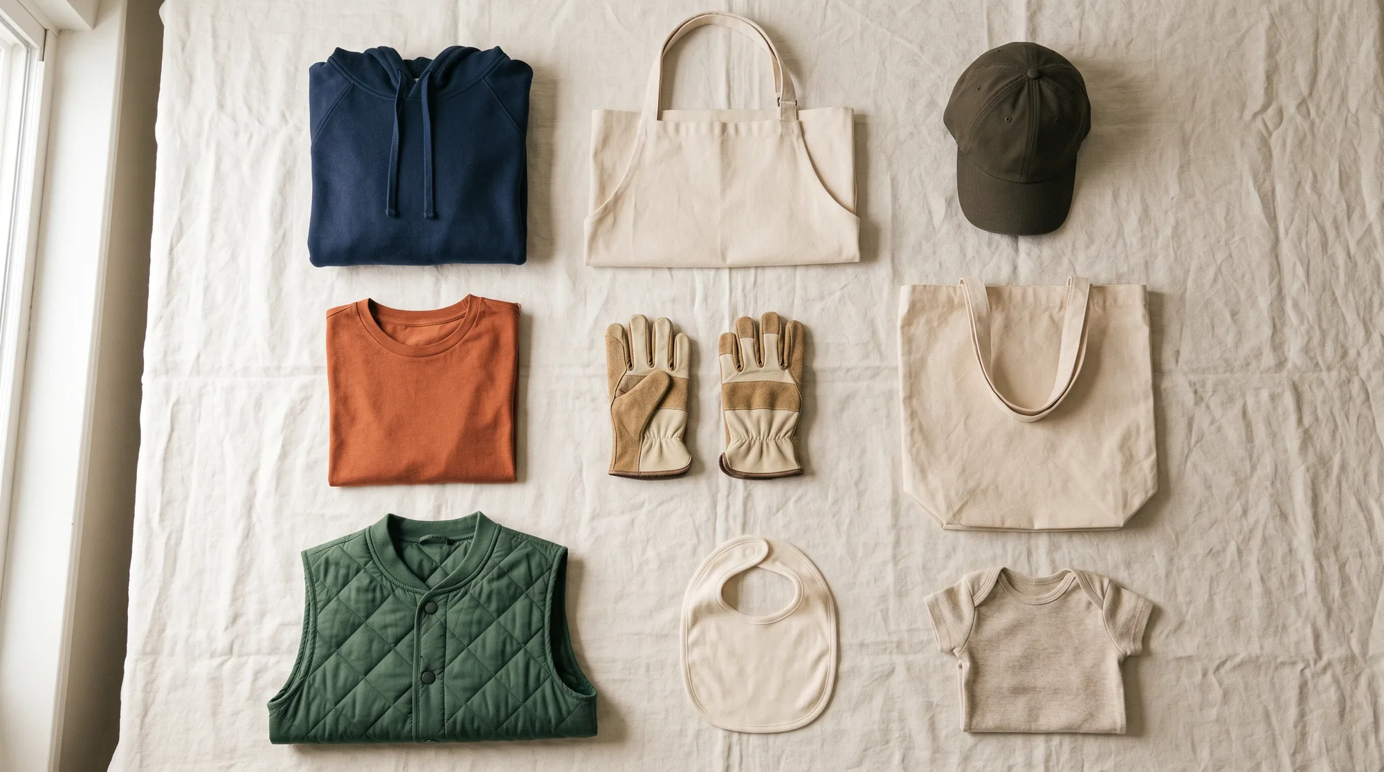 Hoodie, T-Shirt, Cap, Schürze, Tasche und Babysachen von oben fotografiert